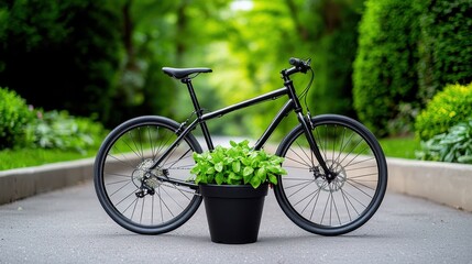 Fototapeta premium Black Bicycle Positioned Alongside a Large Green Plant in a Lush Outdoor Setting with Vibrant Green Trees and Soft Pathway, Ideal for Health and Nature Themes
