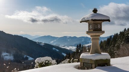 Fototapeta premium A snow-covered lantern standing on a stone pedestal