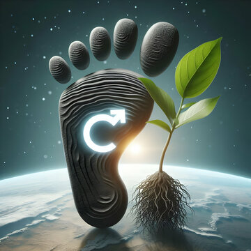 A carbon footprint icon with a plant growing from it concept as A carbon footprint icon with a plant sprouting from it representing the reduction of carbon emissions and the growth of sustainable prac