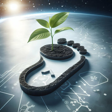 A carbon footprint icon with a plant growing from it concept as A carbon footprint icon with a plant sprouting from it representing the reduction of carbon emissions and the growth of sustainable prac