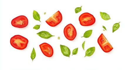Fresh tomatoes and basil leaves on a white isolated background.