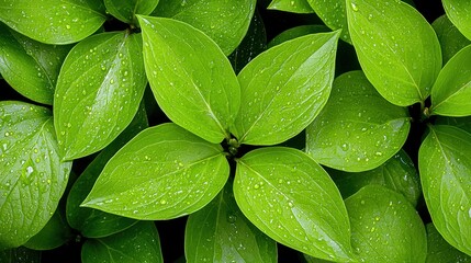 Lush Green Leaves with Water Droplets Creating a Fresh and Vibrant Atmosphere Ideal for Nature and Wellness Themes in Stock Photography
