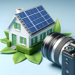 A house with solar panels and a green leaf concept as A simple illustration of a house with solar panels and a green leaf beside it. The camera zooms in on the house and solar panels demonstrating the