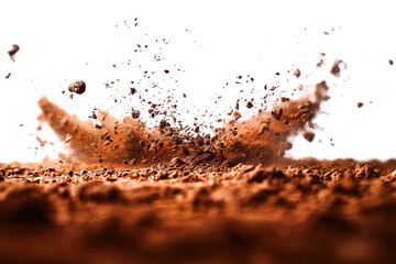 Close-up of soil particles scattering and exploding into the air on a transparent background. Dynamic motion capture symbolizing energy, nature, and impact.