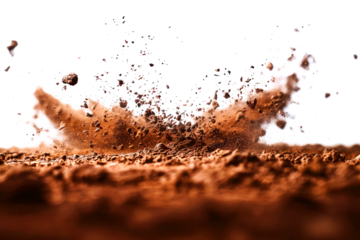 Close-up of soil particles scattering and exploding into the air on a transparent background. Dynamic motion capture symbolizing energy, nature, and impact.