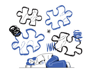 The woman is lying on the ground, feeling lost and tired. A metaphor of being overwhelmed by life's difficulties, presented in the form of scattered puzzle pieces.