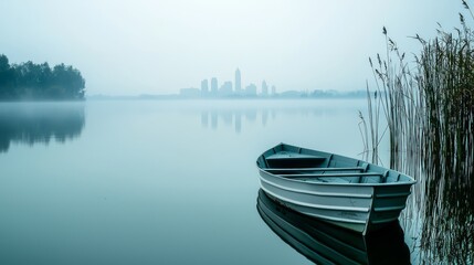 Obraz premium A serene lake scene featuring a lone boat, surrounded by misty waters and distant city skyline, evoking tranquility and solitude.