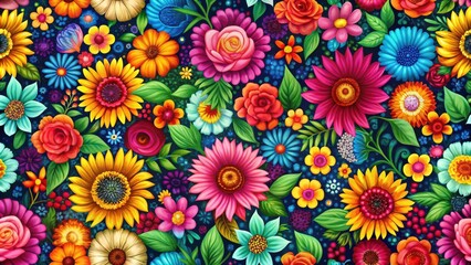 A Vibrant and Colorful Floral Pattern with Brightly Colored Flowers in Bloom on a Deep Blue Background