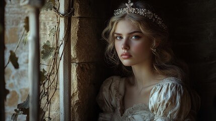 Obraz premium A Captivating Portrait of a Sad Princess Woman Gazing Out the Window in a Dreamy Setting, Highlighting Elegance and Emotional Depth in Natural Light