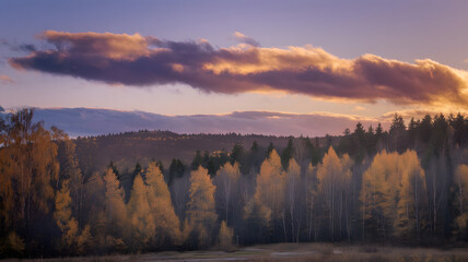 Fototapeta premium Twilight over an autumn forest with golden clouds above