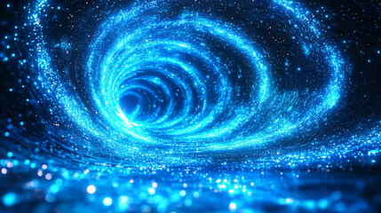 blue neon swirl creating dynamic, glowing lines with a curved flow symbolizing energy, motion, and digital transformation in a futuristic, high-tech environment