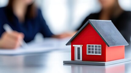 Small house model highlights real estate activity in office setting with agents discussing deals and paperwork