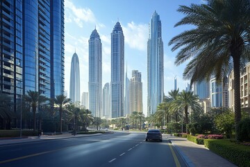 Obraz premium Modern skyline view with open asphalt road, expansive and serene architectural scene