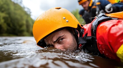 A determined man in a yellow helmet engages head-on with a turbulent river, embodying a fearless spirit and a zest for life in a dramatic encounter.