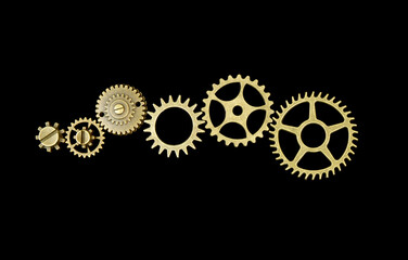 Six metallic gears wheels connected in one mechanism isolated on black background. 