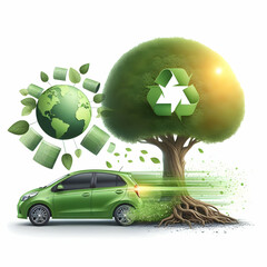 Green car and eco tree concept as A vector design of a green car and an eco tree isolated on white symbolizing eco friendly transportation and carbon reduction. in  Photo Stock  Concept 