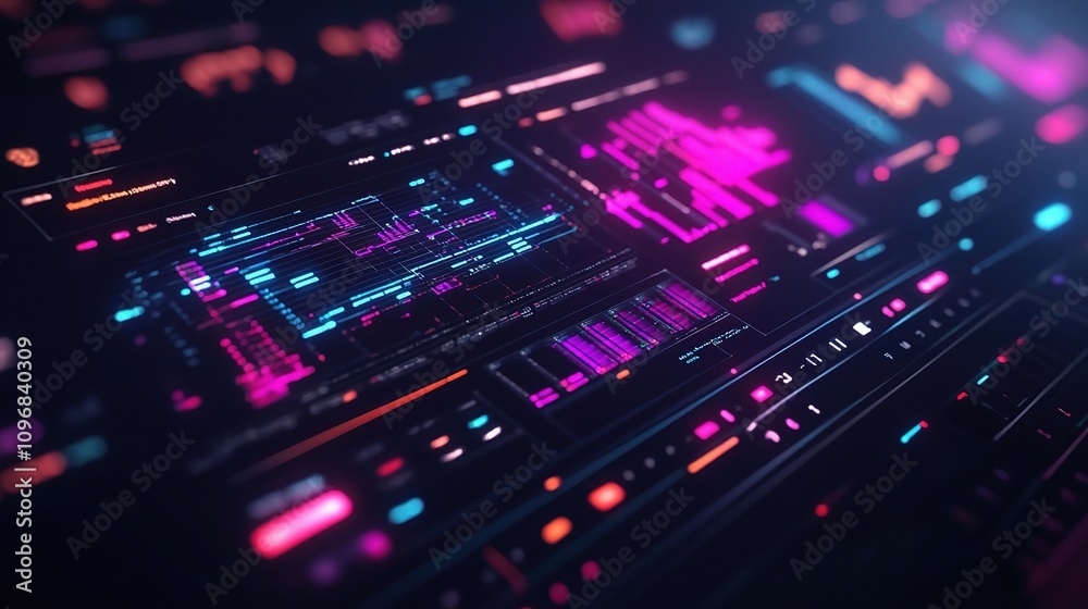 Poster futuristic computer software interface with vibrant colors and dynamic visuals for creative digital 