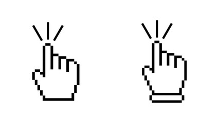Pixelated hand cursor with clicking effect, Hand cursor click, Click Hand, Curser Click sign, Clicking Finger Pointer icon set, Pixel art computer mouse cursors. Vector illustration.