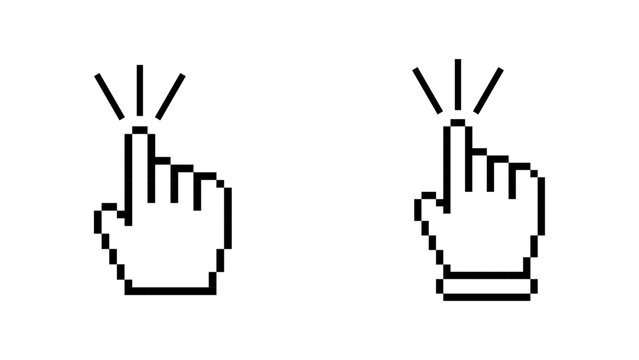 Pixelated hand cursor with clicking effect, Hand cursor click, Click Hand, Curser Click sign, Clicking Finger Pointer icon set, Pixel art computer mouse cursors. Vector illustration.