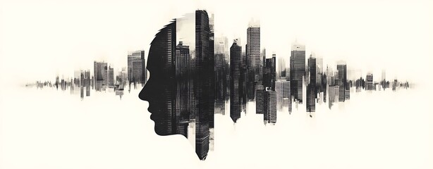 Naklejka premium Skyline Office Synergy, Double Exposure Portrait with City Skyline Design