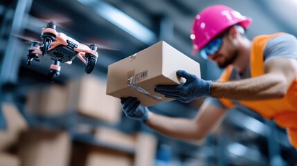 A drone is shown delivering a package in a modern industrial warehouse, showcasing futuristic logistics technology in an efficient, high-tech environment.