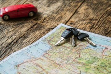 Red car, map, keys, road trip planning.