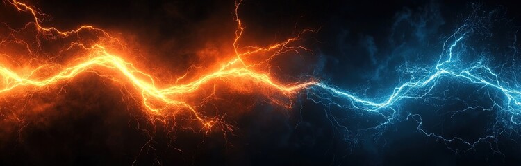 A wide, dark background with orange and blue lightning bolts on it.