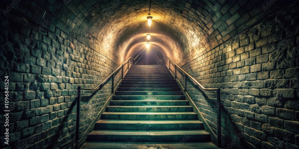 Poster a dimly lit brick tunnel with stairs leading up to a bright light source at the end.