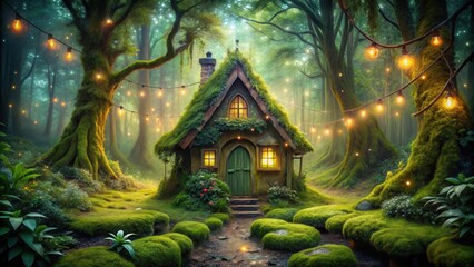 Fototapeta premium A magical cottage nestled within a mystical forest, adorned with twinkling lights, a mossy path leading to its inviting door, and the whispers of enchantment carried on the gentle breeze.