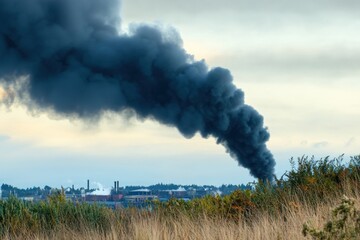 Fototapeta premium A large plume of smoke is rising from a factory in the distance