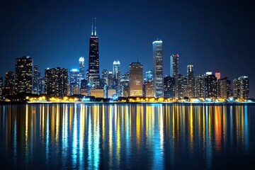 Obraz premium A city skyline is reflected in the water at night