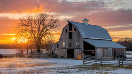 A rustic barn lit by the orange glow of a winter sunset