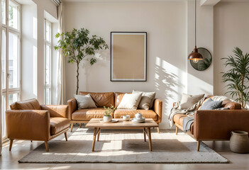 Bright Airy Living Room with Beige Leather Sofa and Natural Textures