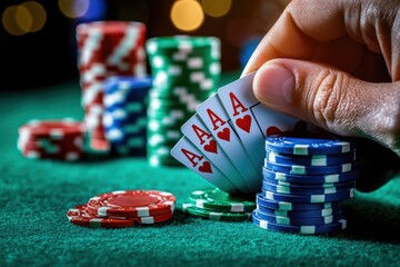 A hand is holding a deck of cards with the Ace of Hearts on top