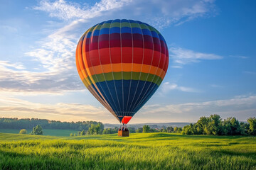 A colorful hot air balloon is floating in a field of green grass