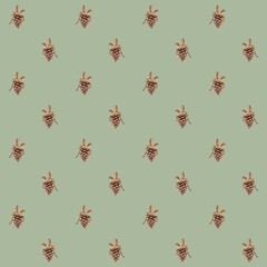Seamless pattern with watercolor pine cones with brown velvet bow and jingle bells on the olive background. Perfect for wrapping, textile, fabric, backdrop