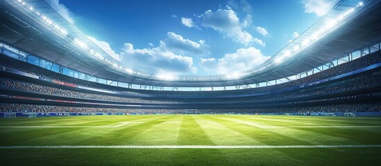 A large football stadium with stands full of fans, with grass on the field and bright lights shining down from above. 