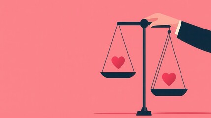 Justice scales with a hand placing a heart, compassion and equality, flat design illustration