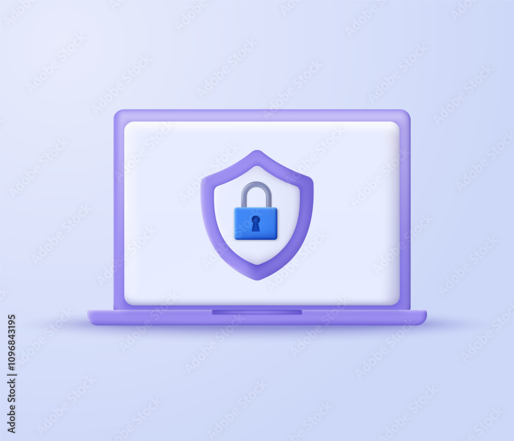 Poster 3D Laptop with security shield symbol. 3D design of cyber security and data protection concept. Secure technology. Vector illustration.
