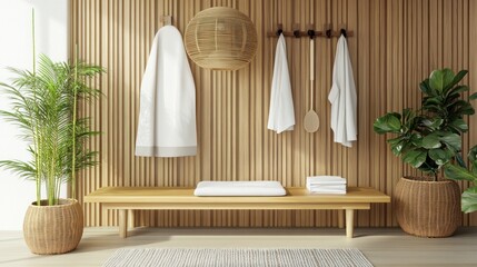 Serene Spa-Inspired Bathroom Design: Minimalist Wooden Walls, Plush Towels, and Tranquil Plants
