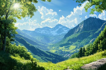A beautiful mountain landscape with a bright blue sky