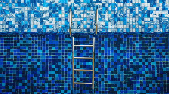 Top view of a steel ladder with rubberized steps in a swimming pool, featuring a blue ceramic tile mosaic.