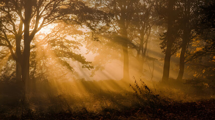 Fototapeta premium Golden sunlight streaming through mist in an autumn forest