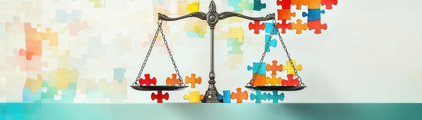 Justice scales with puzzle pieces, representing moral dilemmas, flat design illustration