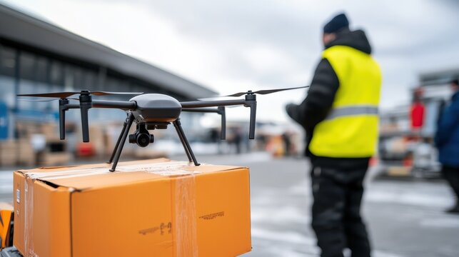 A drone lands on an airport runway with a package during cold weather, illustrating advancements in logistics, transportation, and aerial delivery systems in diverse conditions.