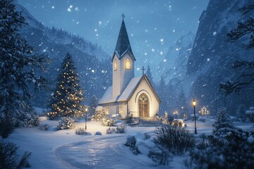 A small white church with a steeple and a Christmas tree in front of it