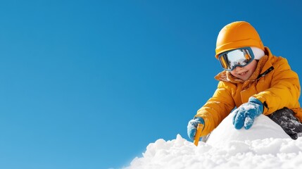 A child with a vivid orange jacket passionately digs into the snow, experiencing the thrill and delight of outdoor winter fun on a brilliantly sunny day.