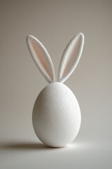 Obraz premium White Egg with Cute Bunny Ears in Minimalist Style Appearing on Soft Neutral Background for Easter Celebrations, Creative Decoration and Festive Concepts