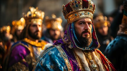 Epiphany procession of crowned kings in colorful royal robes, symbolizing Three Kings' Day celebration and honoring the Magi gifts tradition during Twelfth Night festivities