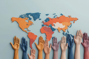 World map with diverse hands, symbolizing global human rights and integration, flat design illustration